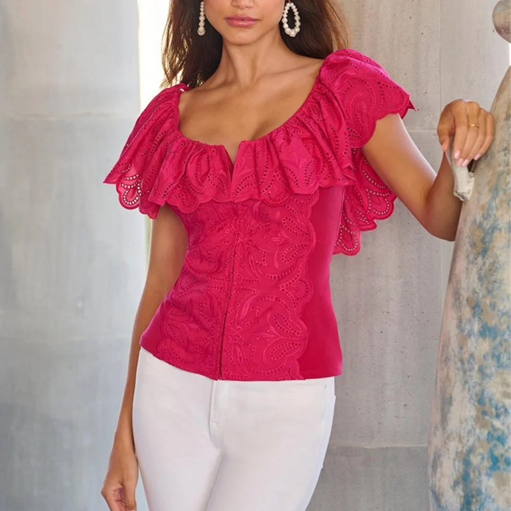 Eyelet Ruffle Zip Up Top - Picture 3 of 5